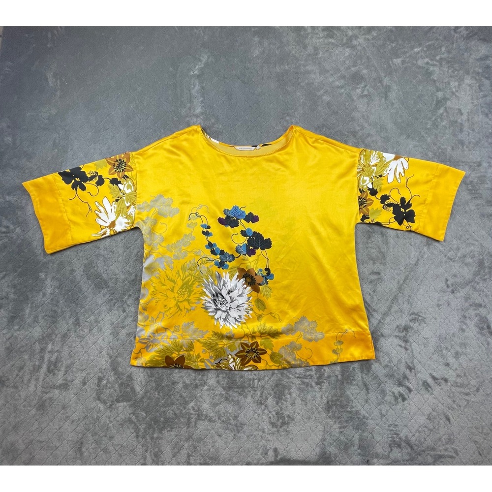 Soft Surroundings Yellow Floral Boxy Asian Boho Blouse‎ L Boat Neck 3/4 Sleeve